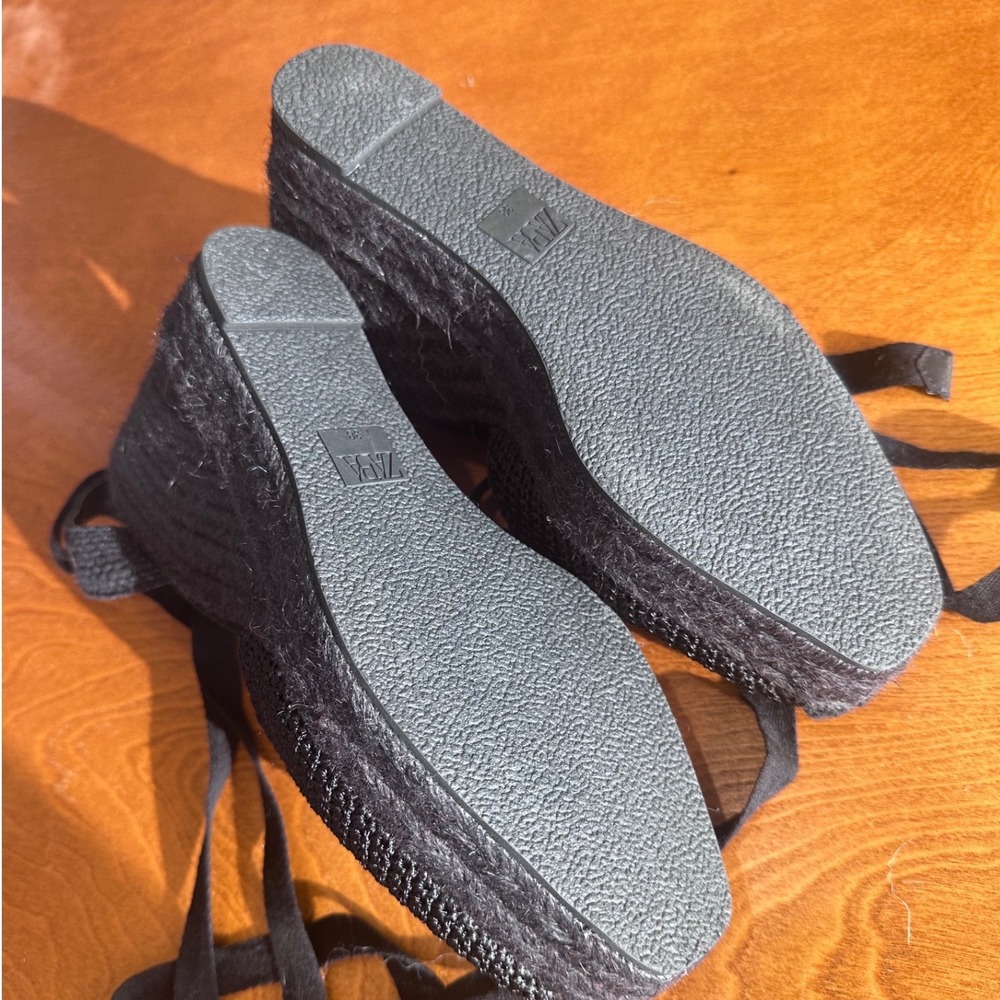 Zara Black Espadrille Wedge Sandals Lace Up Ankle Tie Woven Jute Heels 38 - Picture 5 of 7